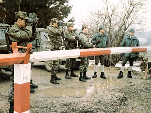 Photo: Members of the German customs Police (Zoll) and their everpresent dog sometimes guided US border patrols. March 1983.